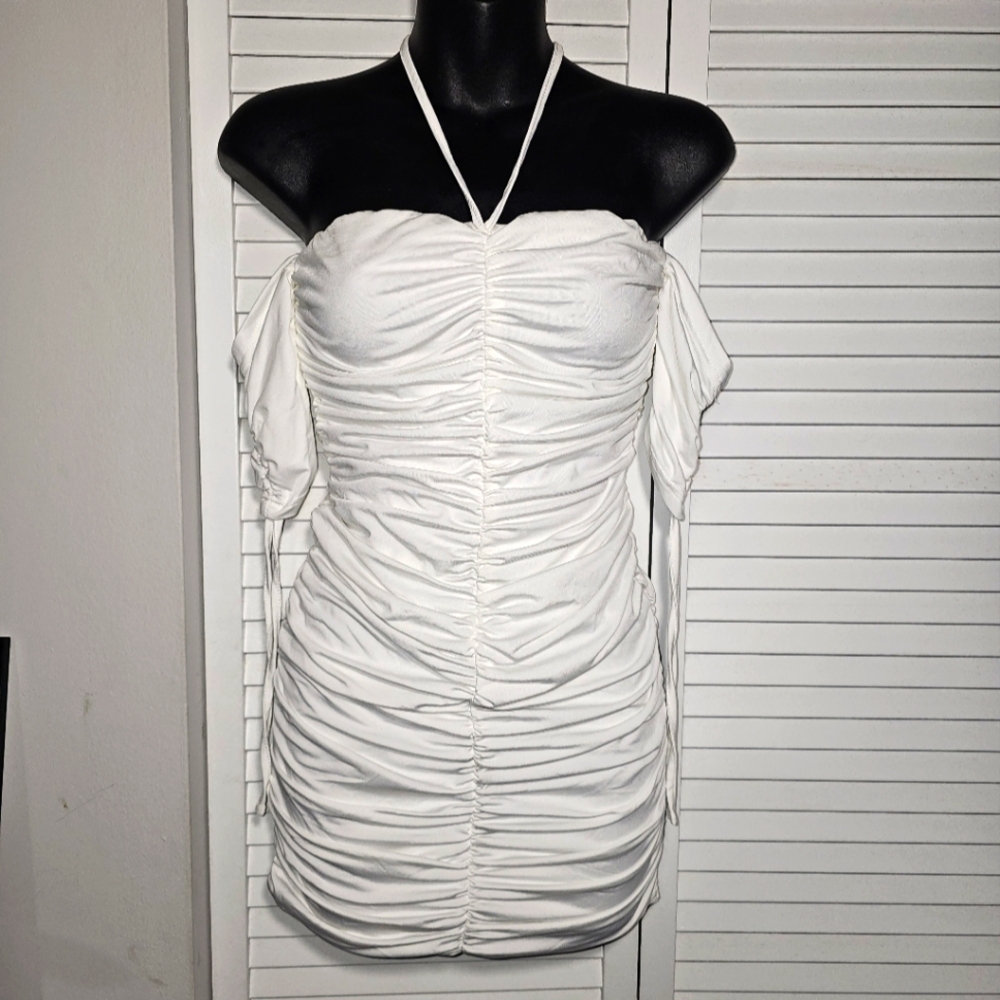 White Ruched Off-Shoulder Halter Mini Dress